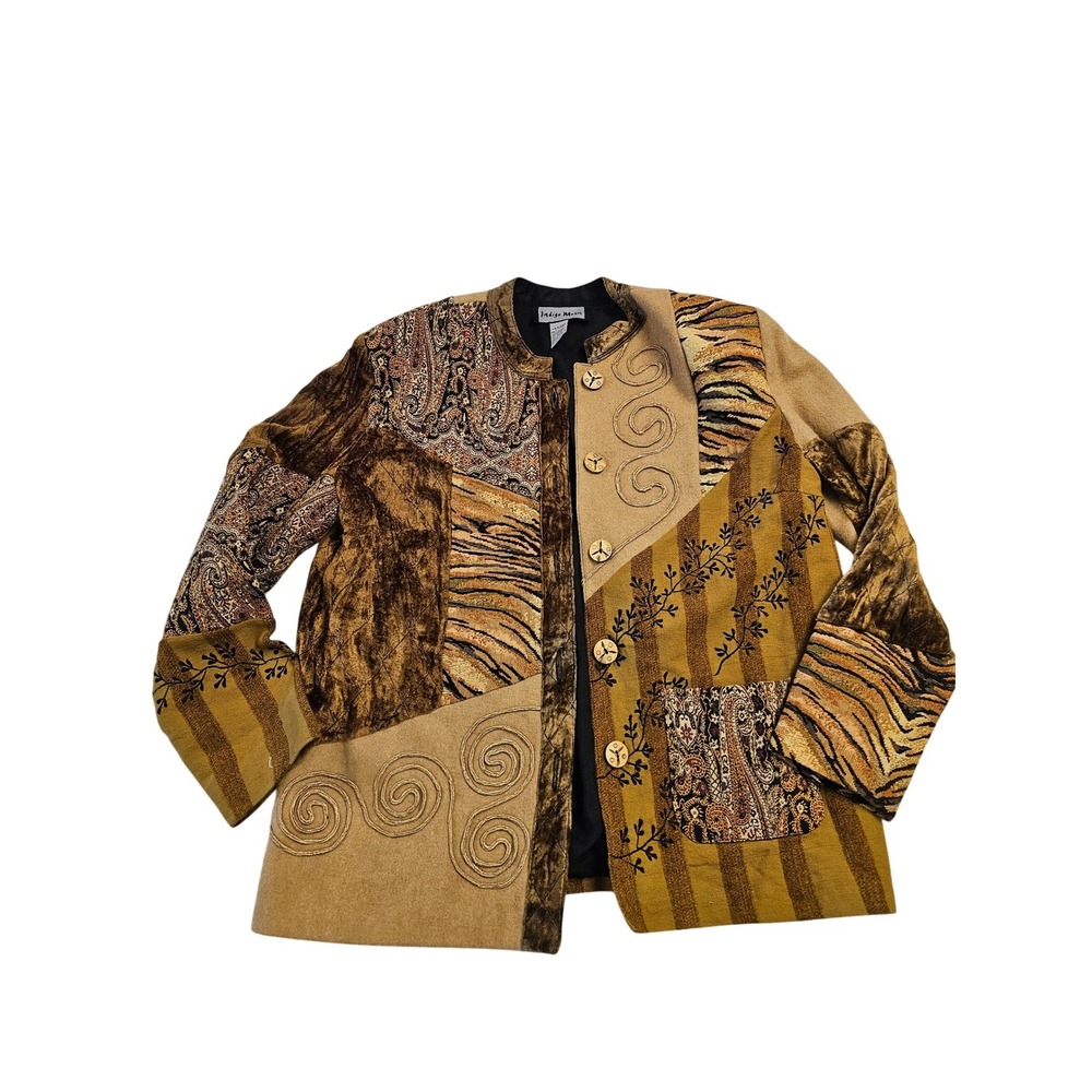 Indigo Moon‎ Womens Large Velvet Quilted Embroidered Tapestry Jacket Boho Gold L